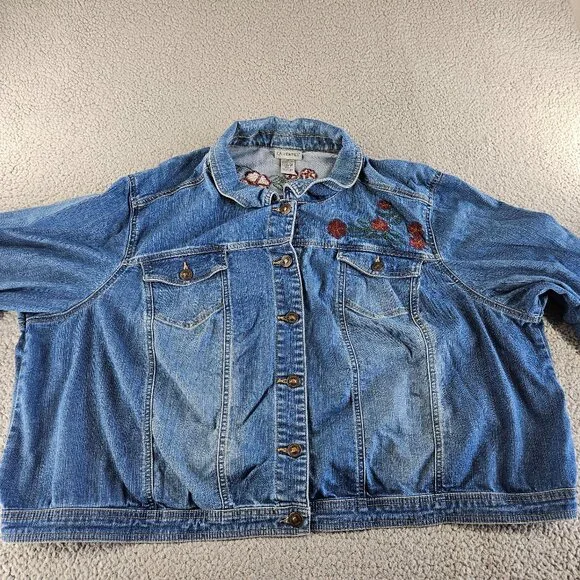sold Catherines Denim Jacket Womens 2X Blue Cropped Embroidered Floral Trucker - Picture 2 of 13